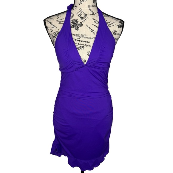 Athleta Shirrendipity Halter Swim Dress 1 Piece Swimsuit Ruched Purple Sz S 4-6 - Picture 1 of 16